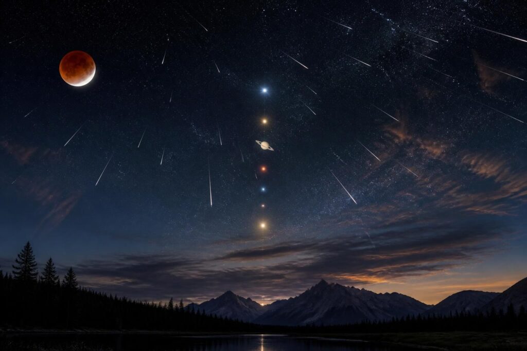 préparez-vous pour la nuit d'observation céleste la plus spectaculaire de l'année avec une éclipse, une pluie d'étoiles filantes et un alignement exceptionnel des planètes. ne manquez pas ce spectacle astronomique unique !